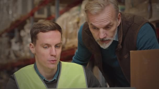 Pas se dva muži skladiště dohlížející na práci na notebook společně při kontrole zboží a vedení diskuse - Záběry, video
