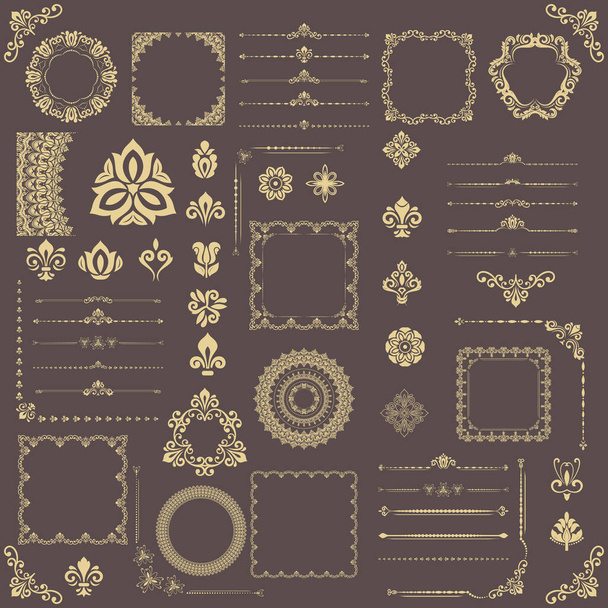 Vintage set of vector horizontal, square and round elements. Elements for backgrounds and frames. Classic brown and golden patterns. Set of vintage patterns - Vector, Image