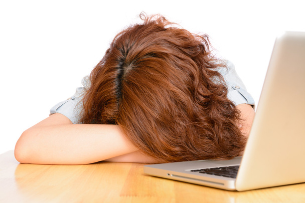 Tired sleeping Asian woman on office desk - Φωτογραφία, εικόνα