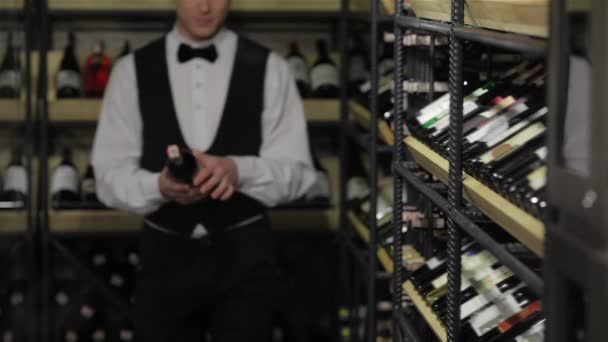 Close up face confident sommelier. Thoughtful young sommelier holding a wine bottle and examining it. Sale, shopping, consumerism and people concept - confident and experienced sommelier. Best choice - Footage, Video