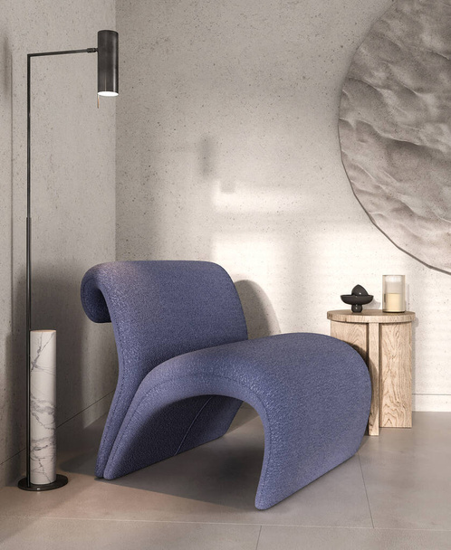 Modernes graues Wohnzimmer mit blauem Sessel und Sonnenhintergrund. Düstere moderne Naturbetrachtung. 3D-Darstellung. Hochwertige 3D-Illustration. - Foto, Bild