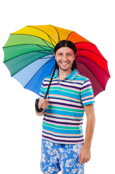 Positive man with colorful umbrella isolated on white - Foto, afbeelding