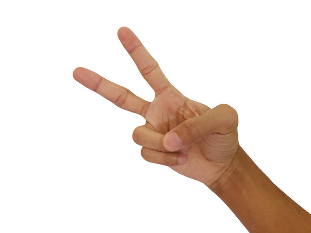 Man hand showing Victory sign isolated on white background - Photo, Image