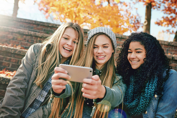 Sosyal medya için parkta selfie, mutlu ya da kız arkadaşlar, sonbaharda internetten paylaşım ya da profil fotoğrafı. Rahatlayın, çeşitlilik ya da doğal olarak eğlenceli bir tatil tatilinde gülümseyen kızlar.. - Fotoğraf, Görsel