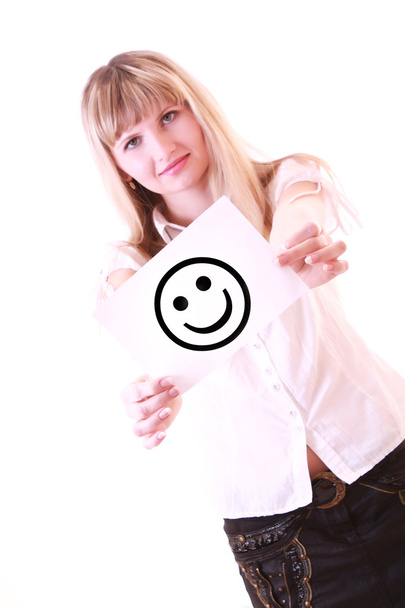 Woman with smile symbol isolated on white - Foto, Bild