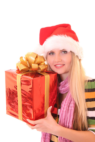 Young woman with christmas hat and gift isolated on white - Fotografie, Obrázek