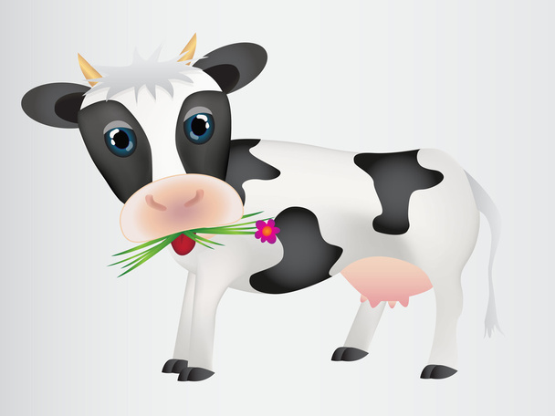 Χαριτωμένο αγελάδα με πράσινο γρασίδι και λουλούδια - Διάνυσμα, εικόνα