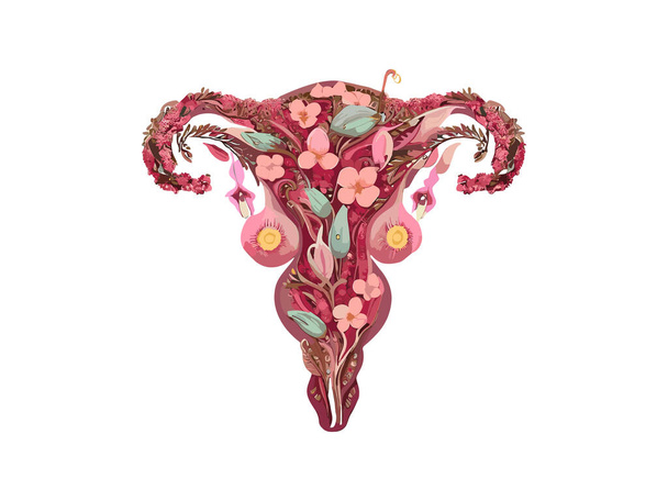 Vrouw baarmoeder versierd met bloemen, Botanische Aquarel Vaginale Vrouw, Feminist Concept Vector Illustratie Clipart - Vector, afbeelding