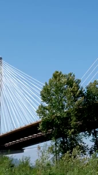 ポート・マン・ブリッジ・カナダ、 BC州のフレーザー川の上底ビュークローズアップズーム巨大な白い伸張ケーブルは、大きな橋を保持しますポート・コキットラム,グレーターバンクーバー,ブリティッシュコロンビア州,カナダ2023 - 映像、動画