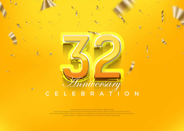 Premium 32. rocznica świętowania projektu, z nowoczesnymi żółtymi numerami 3d. Kontekst wektora Premium na powitanie i świętowanie. - Wektor, obraz