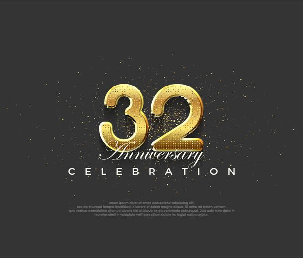 Diseño lujoso con números dorados brillantes, diseño premium para celebraciones del 32º aniversario. Fondo vectorial premium para saludo y celebración. - Vector, imagen