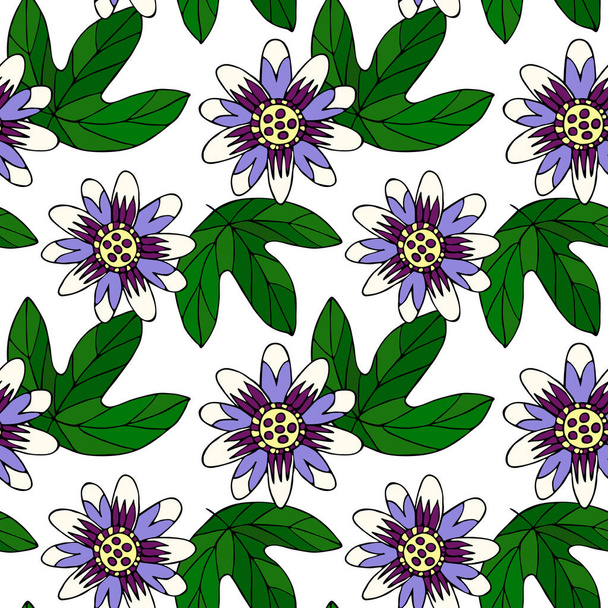 Λουλούδι και φύλλα πάθους. Doodle αδιάλειπτη μοτίβο για τη συσκευασία, ψηφιακό χαρτί, υφάσματα, υφάσματα. Εικονογράφηση διανύσματος - Διάνυσμα, εικόνα