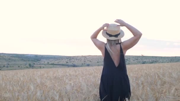 feliz mujer de mediana edad en vestido negro y sombrero se ejecuta en la luz del atardecer en el campo de trigo - Imágenes, Vídeo
