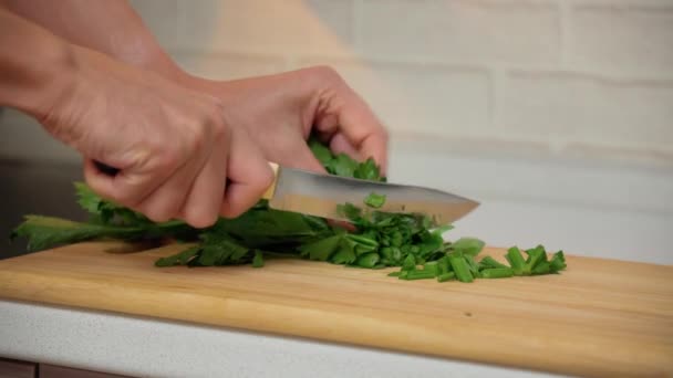 Hands are slicing fresh celery, cutting wooden board. Selective focus - Footage, Video