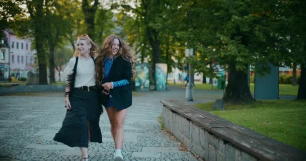 Χαρούμενη ξανθιά φίλες περπατώντας στο μονοπάτι απολαμβάνοντας στο πάρκο κατά τη διάρκεια του ηλιοβασιλέματος - Πλάνα, βίντεο