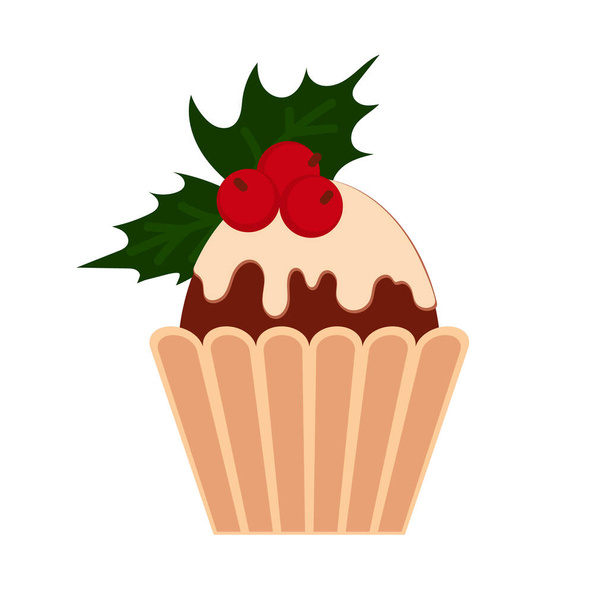 Dulce Navidad y Año Nuevo cupcake con bayas. Confitería en formato vectorial aislada sobre fondo blanco. Elemento creativo para su diseño. Ilustración vectorial. Eps 10 - Vector, imagen