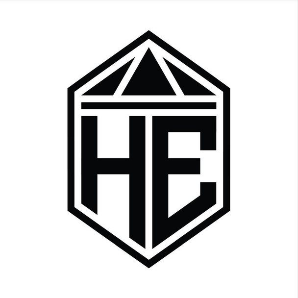 HE Letter Logo monogram jednoduchý šestiúhelníkový štít tvar s trojúhelníkovou korunou izolovaný styl design šablony - Fotografie, Obrázek