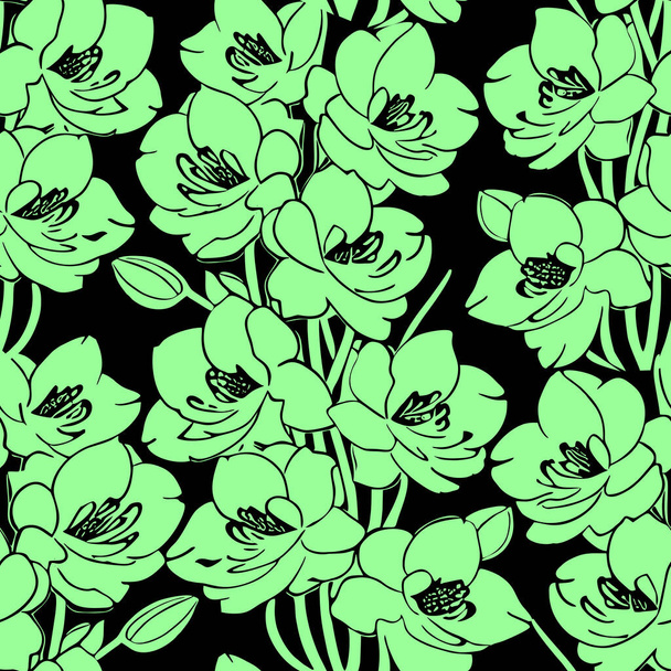 бесшовный черный и зеленый цветочный узор, монохромный орнамент, дизайн, текстура - Фото, изображение