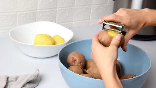 Жінка-домогосподарка руки очищає картоплю над мискою на кухні, очищає овочі від шкірки для приготування їжі, посуду. приготування їжі, домашня робота, котеджі. - Кадри, відео