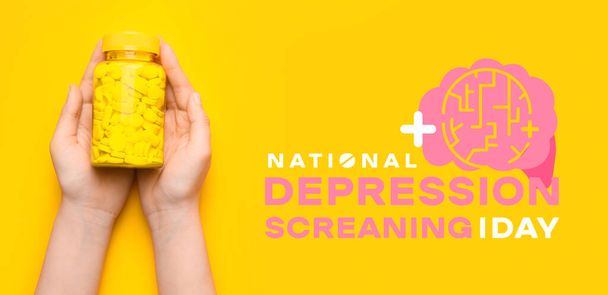 Банер для національної депресії день скринінгу з жіночими руками і таблетками - Фото, зображення