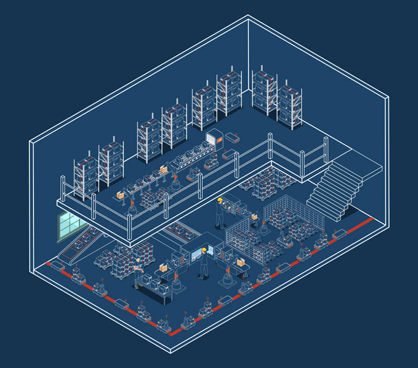 3D Isometrische Smart Warehouse Management System met Warehouse simulatie, Logistieke flexibiliteit, Robotic proces automatisering en nauwkeurige inventaris tellingen. Vectorillustratie eps10 - Vector, afbeelding