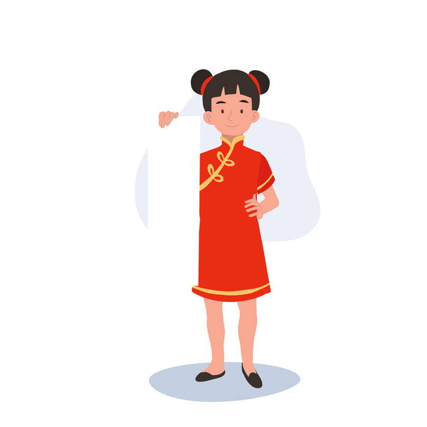 Happy Little Kid em traje tradicional chinês segurando papel longo. Celebração do Ano Novo Chinês - Vetor, Imagem