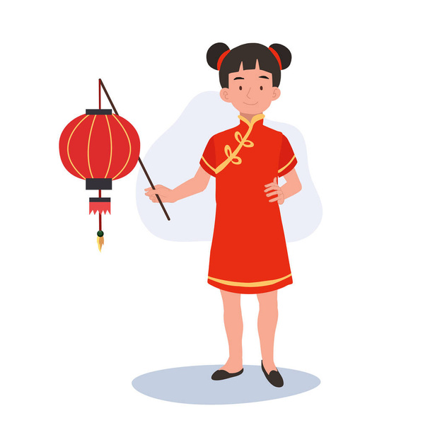 Gülümseyen Mutlu Küçük Çocuk Çin Geleneksel Kıyafeti ve Kırmızı Fener 'de - Vektör, Görsel