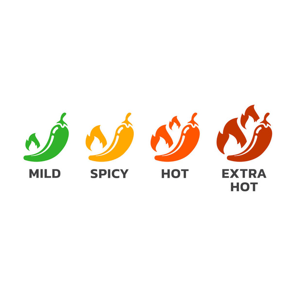 Chili paprika, enyhe és forró, jalapeno ikonok. Fűszeres és extra csípős paprika vagy hallapeno ikon készlet. Mexikói és ázsiai élelmiszerek. - Vektor, kép