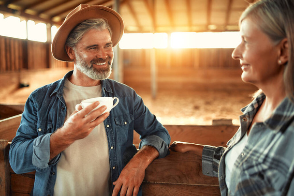 成熟した美しい農家のカップルは,農場の納屋での仕事の後にリラックスしながらコーヒーを飲む. 農業と農業のコンセプト. - 写真・画像
