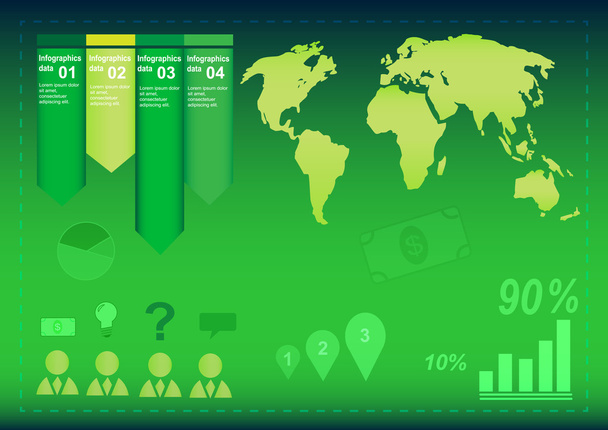 Green world map infographic with many graphs and icons - Вектор, зображення