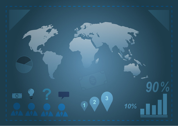 Blue world map infographic with many icons and graphs - Vector, afbeelding