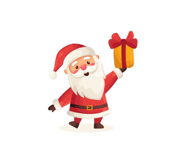 Funny cute Santa Claus character holding gift isolated on white background. Christmas holiday vector illustration in flat cartoon style - Vector, Image