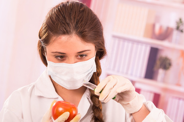 young beautiful woman biologist experimenting with a tomato - Zdjęcie, obraz