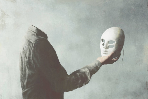 Ilustração do homem segurando uma máscara surreal, conceito abstrato - Foto, Imagem