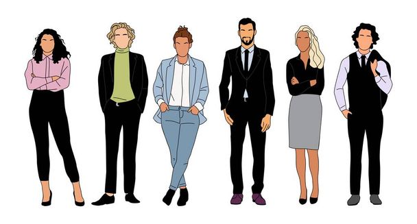 Business team. Vector illustration of diverse cartoon men and women standing in formal office outfit, suits. Set of different business people Isolated on white background. - Vector, Image