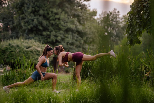 Fitte Mädchen, die im Freien in einem grünen Park trainieren, ihre Körper dehnen und aufwärmen. Attraktive Weibchen demonstrieren Stärke und Flexibilität bei der Vorbereitung auf das Outdoor-Training. - Foto, Bild