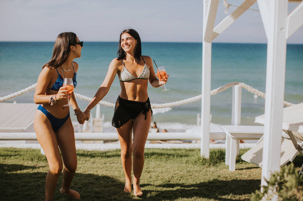 İki gülümseyen bikinili genç kadın kokteyl içerken sahilde tatilin tadını çıkarıyor. - Fotoğraf, Görsel
