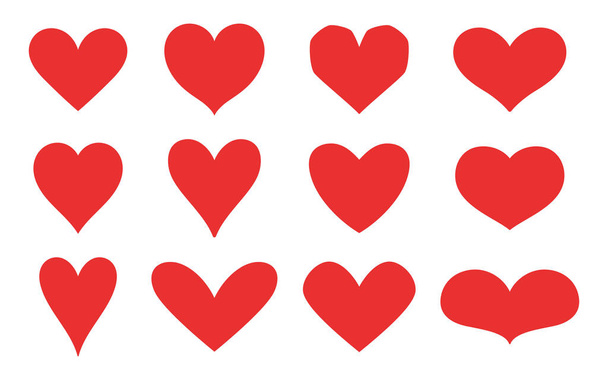 Conjunto de corazones rojos dibujados a mano. Ilustración vectorial, estilo garabato. Dibujos animados vector corazones colección. - Vector, imagen