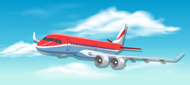 Una ilustración de dibujos animados de un avión comercial que vuela en un cielo azul claro - Vector, Imagen