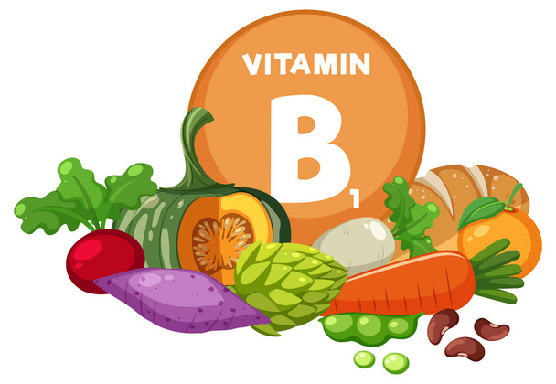A colorful cartoon illustration of a variety of vitamin B1-rich fruits and vegetables - Vector, Image
