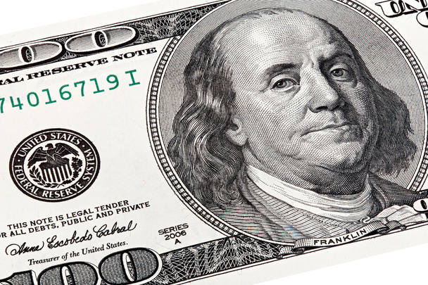 Stapel schot van Benjamin Franklin portret van een 100 bill. - Foto, afbeelding