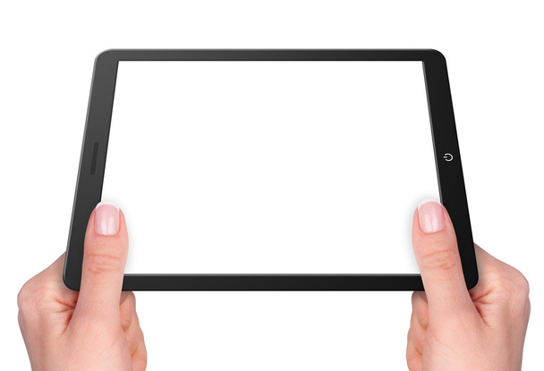 Tableta de computadora moderna con manos
 - Foto, Imagen