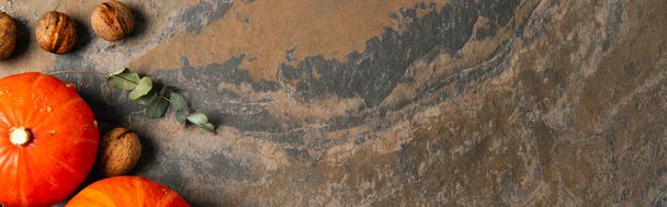 tema autunnale del Ringraziamento, vista dall'alto delle zucche mature arancioni vicino alle noci sulla superficie in pietra testurizzata - Foto, immagini