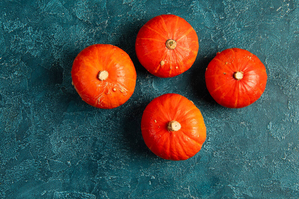 colorful thanksgiving backdrop with fresh ripe orange pumpkins on blue textured tabletop, top view - Photo, Image