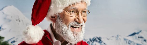 joyful white bearded man in red hat and glasses smiling happily looking away, winter concept, banner - 写真・画像