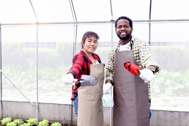 Mutlu çiftçi ailesi kırsal kesimdeki sebze bahçesinde birlikte çalışıyor. Asyalı kadın bahçıvan ve Afrikalı erkek kürek tutuyor. Toprağı temizleyip ot temizlemeye hazır. İnsanlar tarım alanında çalışıyor. - Fotoğraf, Görsel