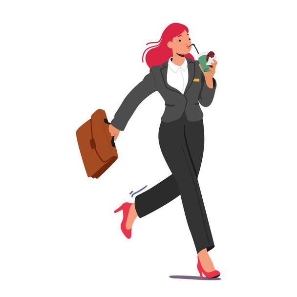 Zajęta bizneswoman, w ostrym garniturze, szybko delektuje się szybkim posiłkiem. Kobiecy charakter równoważący produktywność i żywienie w jej szybkim świecie. Ilustracja wektor ludzi z kreskówek - Wektor, obraz