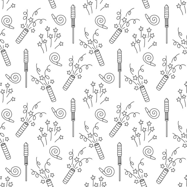 Seamless pattern with petards, firecrackers, birthday whistles and Firework with stars. Doodle hand drawn vector illustration on white background black outline - Vector, Image