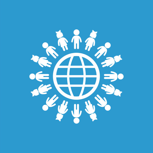 Mädchen-Globus-Ikone, isoliert, weiß auf blauem Hintergrund - Vektor, Bild