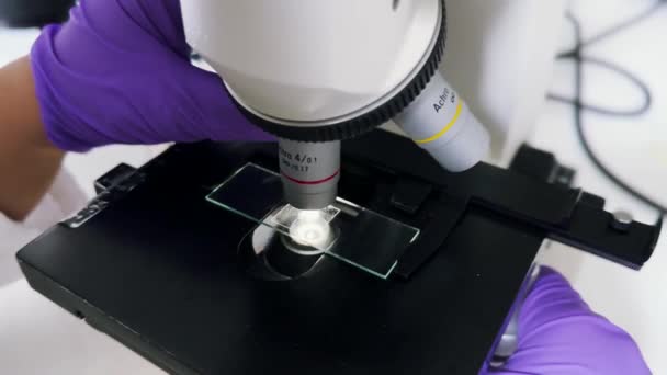 Vrouwelijke onderzoeker kijkt naar monsters onder microscoop. 4K Microbioloog Werken in het Moderne Laboratorium met Technologische Uitrusting. Biochemie, farmaceutische geneeskunde. - Video